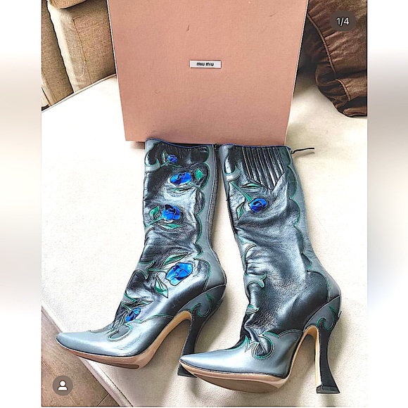 MIU MIU Floral Embellished Runway Boots As Seen On TAYLOR SWIFT In VOGUE - Picture 4 of 11